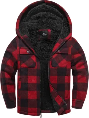 V VALANCH Boys Flannel Jacket Hooded Fleece Lined Zip-up Hoodies Plaid Coat for Kids