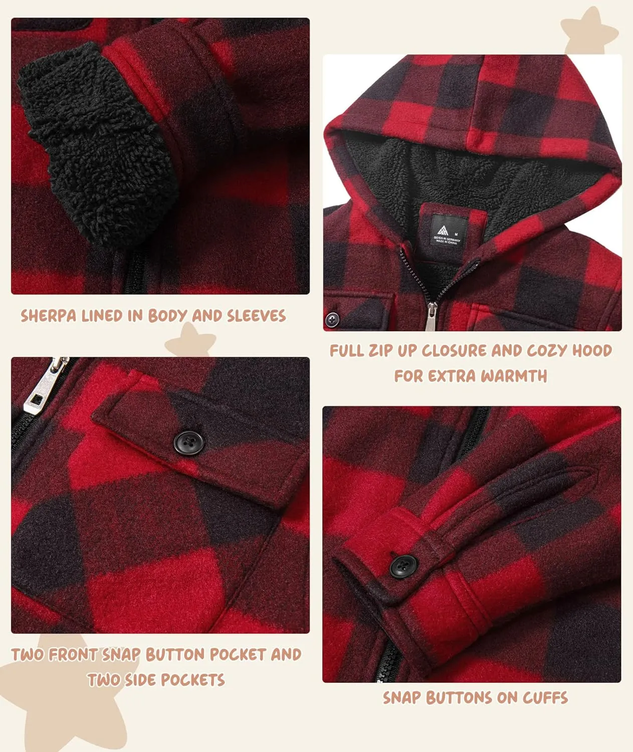 V VALANCH Boys Flannel Jacket Hooded Fleece Lined Zip-up Hoodies Plaid Coat for Kids