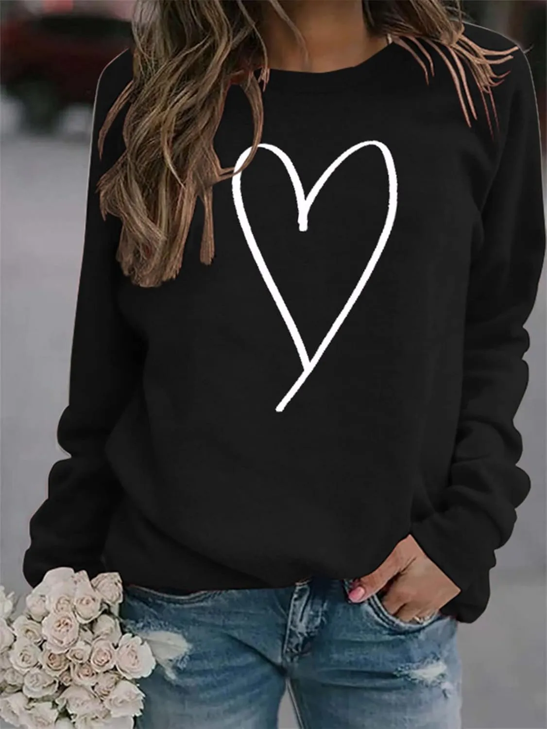 Valentines Crewneck Pullover Shirts Women Long Sleeve Love Heart Sweatshirts Graphic Lover Gift