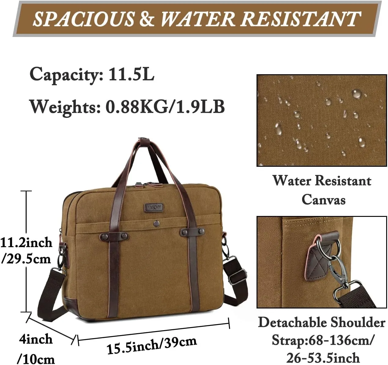 VASCHY Laptop Bag for Men, Vintage Canvas Water Resistant 15.6 inch Messenger Bag Business Briefcase Shoulder Bag