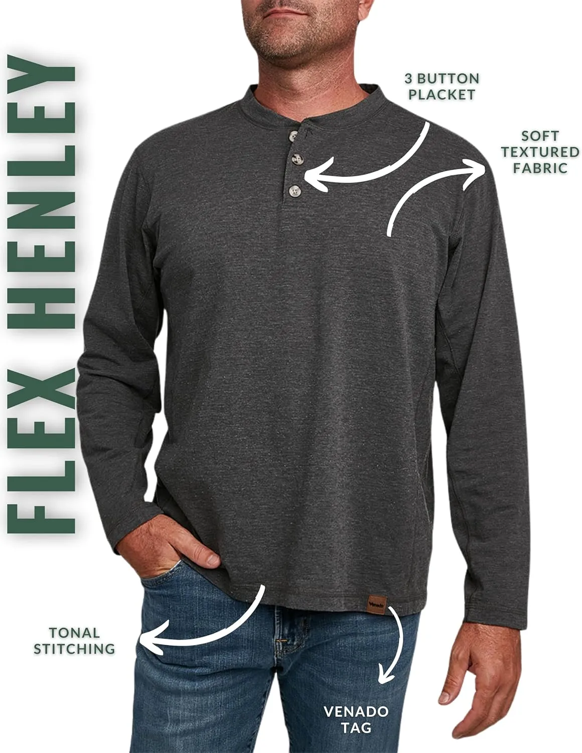 Venado Henley Long Sleeve Shirts for Men - Mens Henley with Flex Material