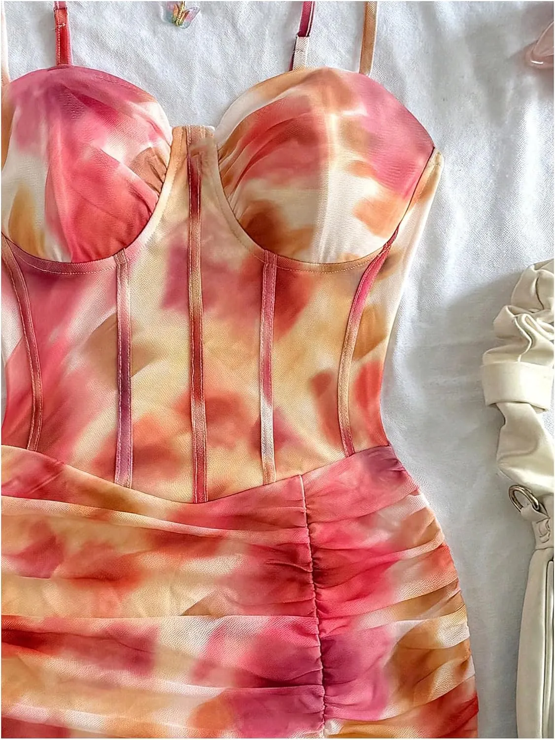 Verdusa Women's Ruched Ruffle Hem Bodycon Cami Dress Boho Sweetheart Neck Mini Dress