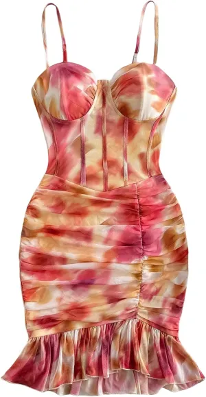 Verdusa Women's Ruched Ruffle Hem Bodycon Cami Dress Boho Sweetheart Neck Mini Dress
