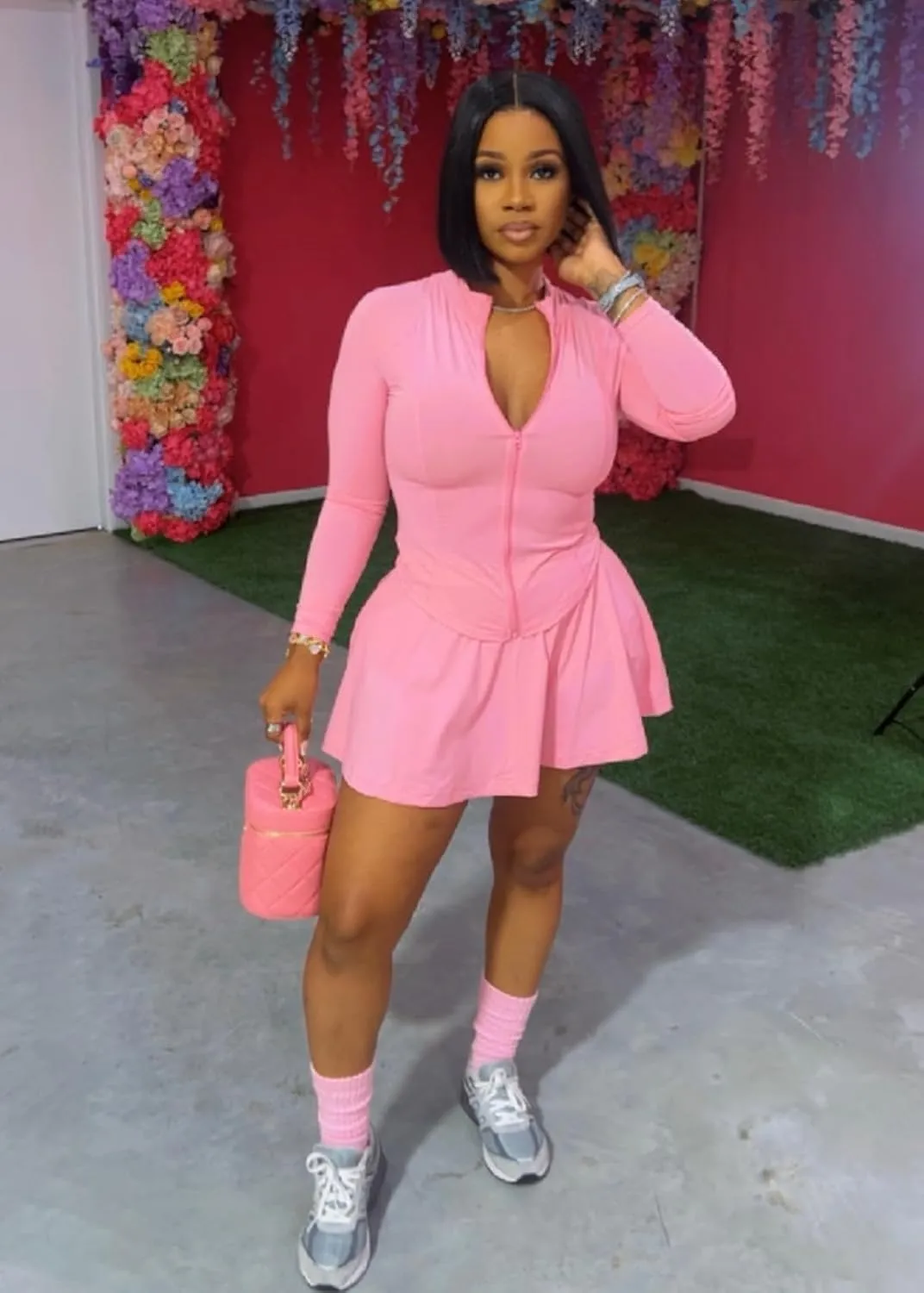 Vssjavun Women 2 Piece Mini Skirt Sets with Long Sleeve Zipper Workout Jacket Sweatsuit Tracksuit Tennis Outfits