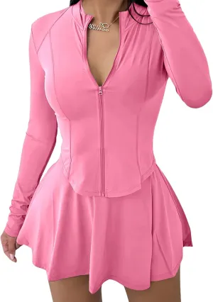 Vssjavun Women 2 Piece Mini Skirt Sets with Long Sleeve Zipper Workout Jacket Sweatsuit Tracksuit Tennis Outfits