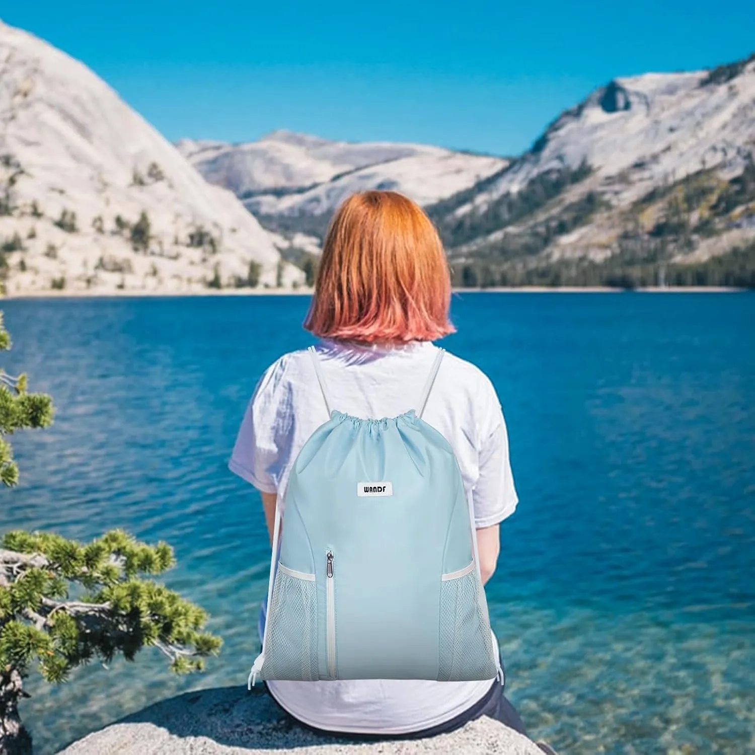WANDF Drawstring Backpack Sports Gym Sackpack with Mesh Pockets Water Resistant String Bag for Women Men(Light Blue)