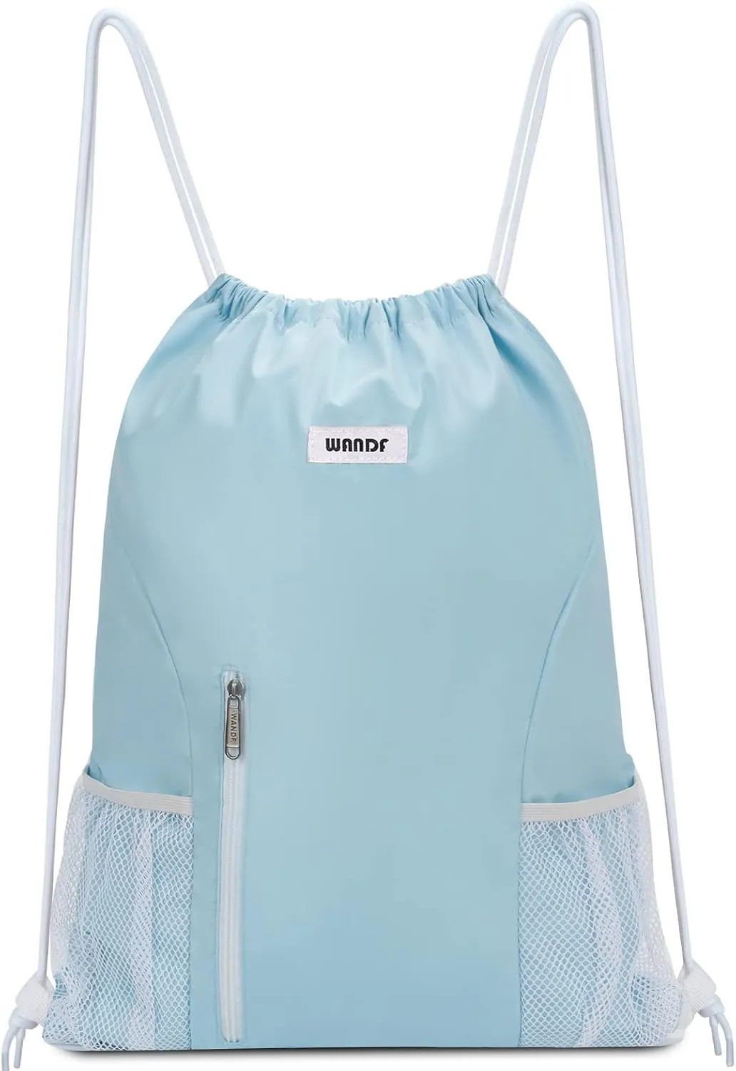 WANDF Drawstring Backpack Sports Gym Sackpack with Mesh Pockets Water Resistant String Bag for Women Men(Light Blue)
