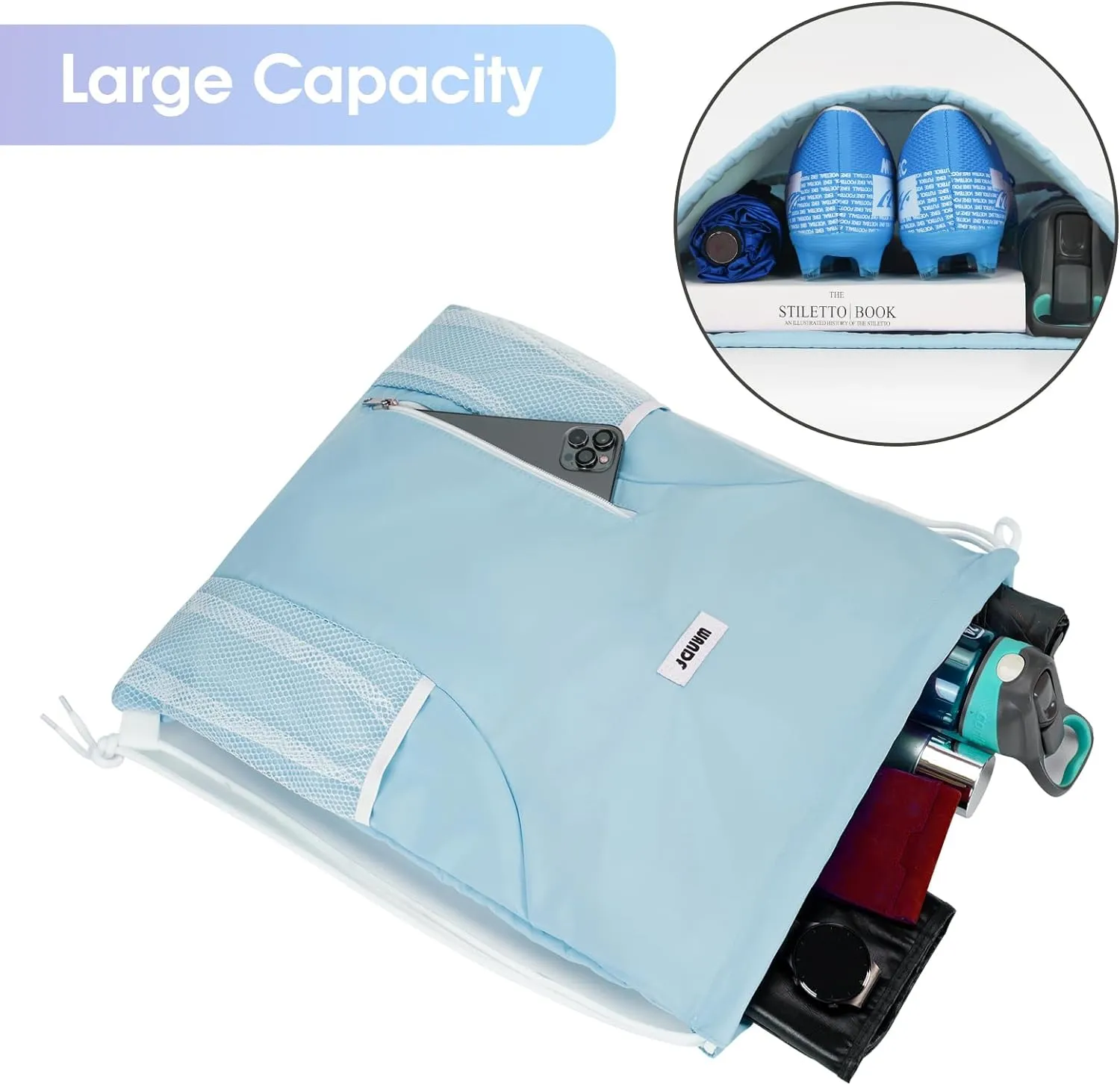 WANDF Drawstring Backpack Sports Gym Sackpack with Mesh Pockets Water Resistant String Bag for Women Men(Light Blue)