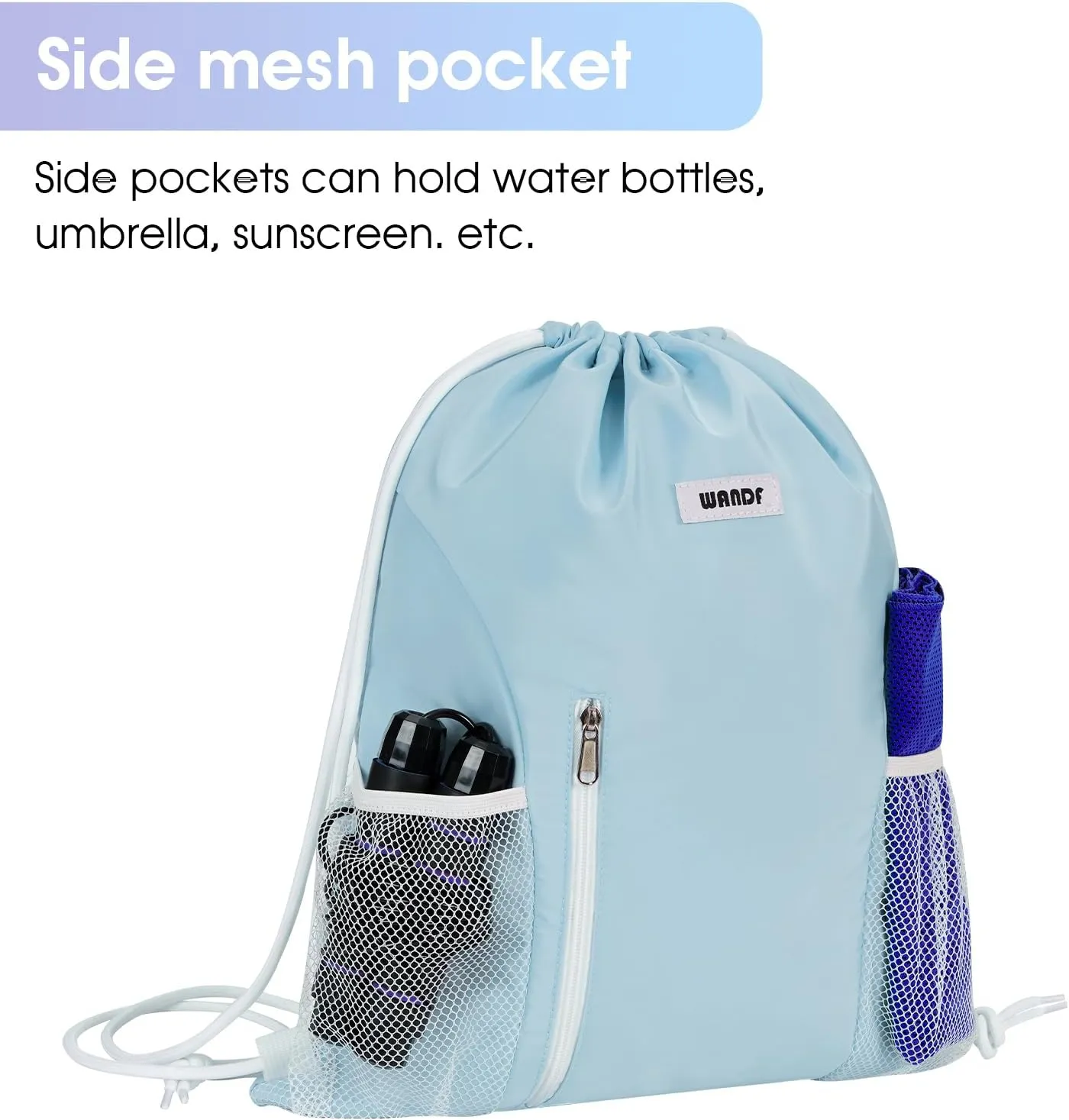 WANDF Drawstring Backpack Sports Gym Sackpack with Mesh Pockets Water Resistant String Bag for Women Men(Light Blue)