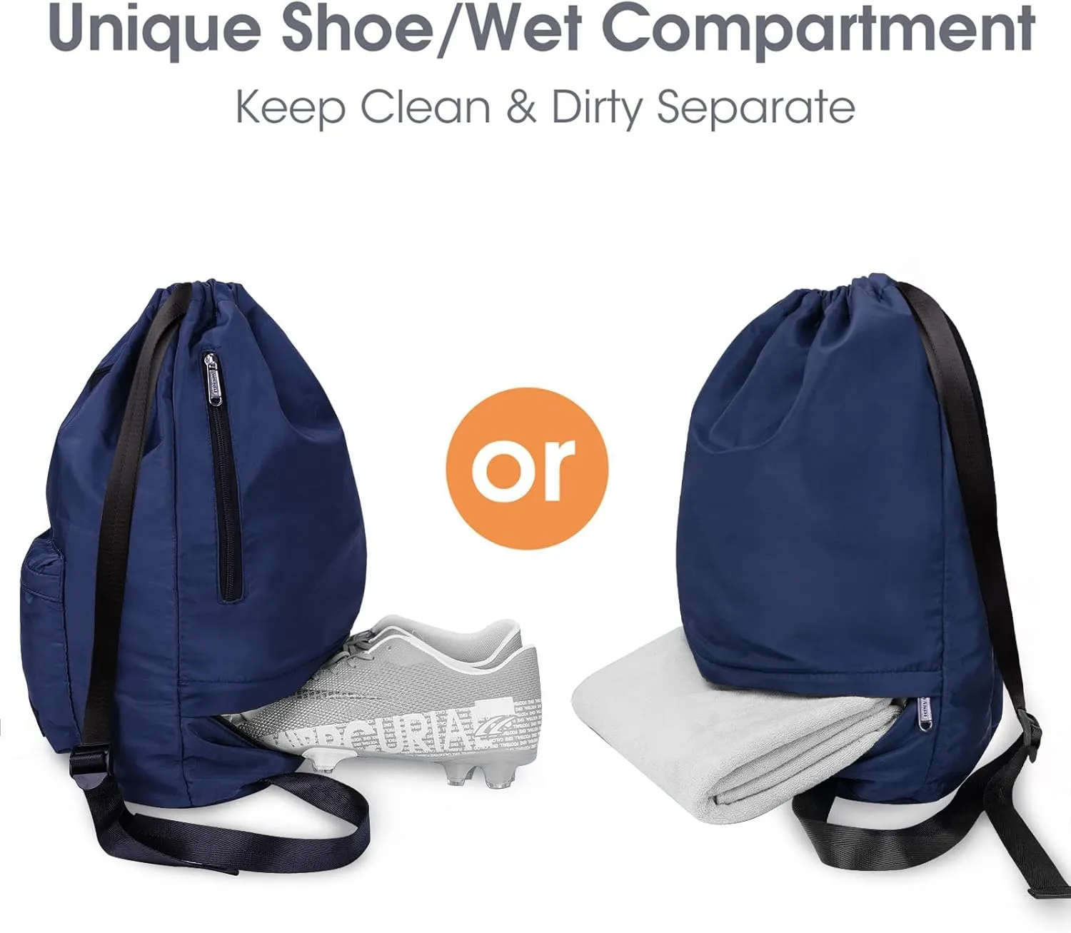WANDF Drawstring Backpack with Shoe Pocket, Gym Bag Water-Resistant String Sackpack Cinch Bag for Women Men