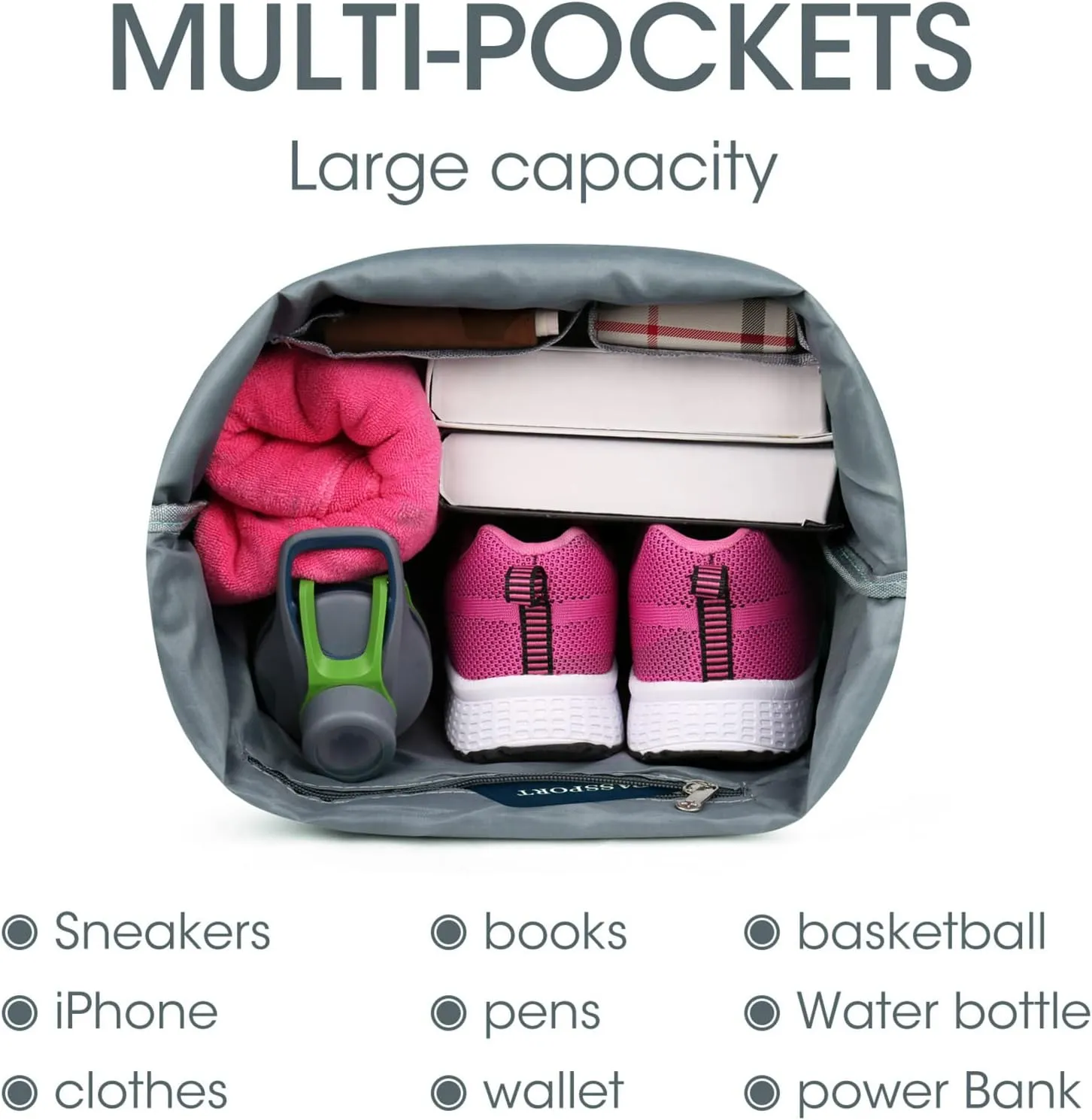 WANDF Drawstring Backpack with Shoe Pocket, Gym Bag Water-Resistant String Sackpack Cinch Bag for Women Men