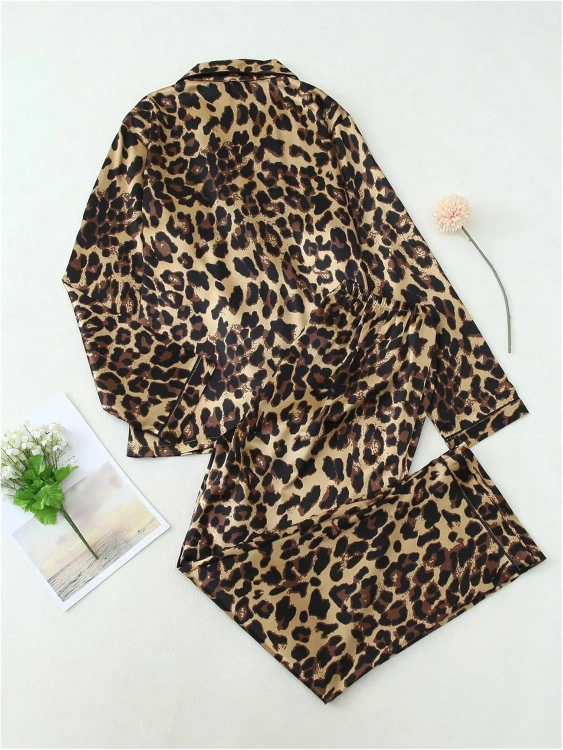 WDIRARA Women's 2 Piece Silk Satin Leopard Print Pajama Set Long Sleeve Button Down Sleepwear Pants Loungewear