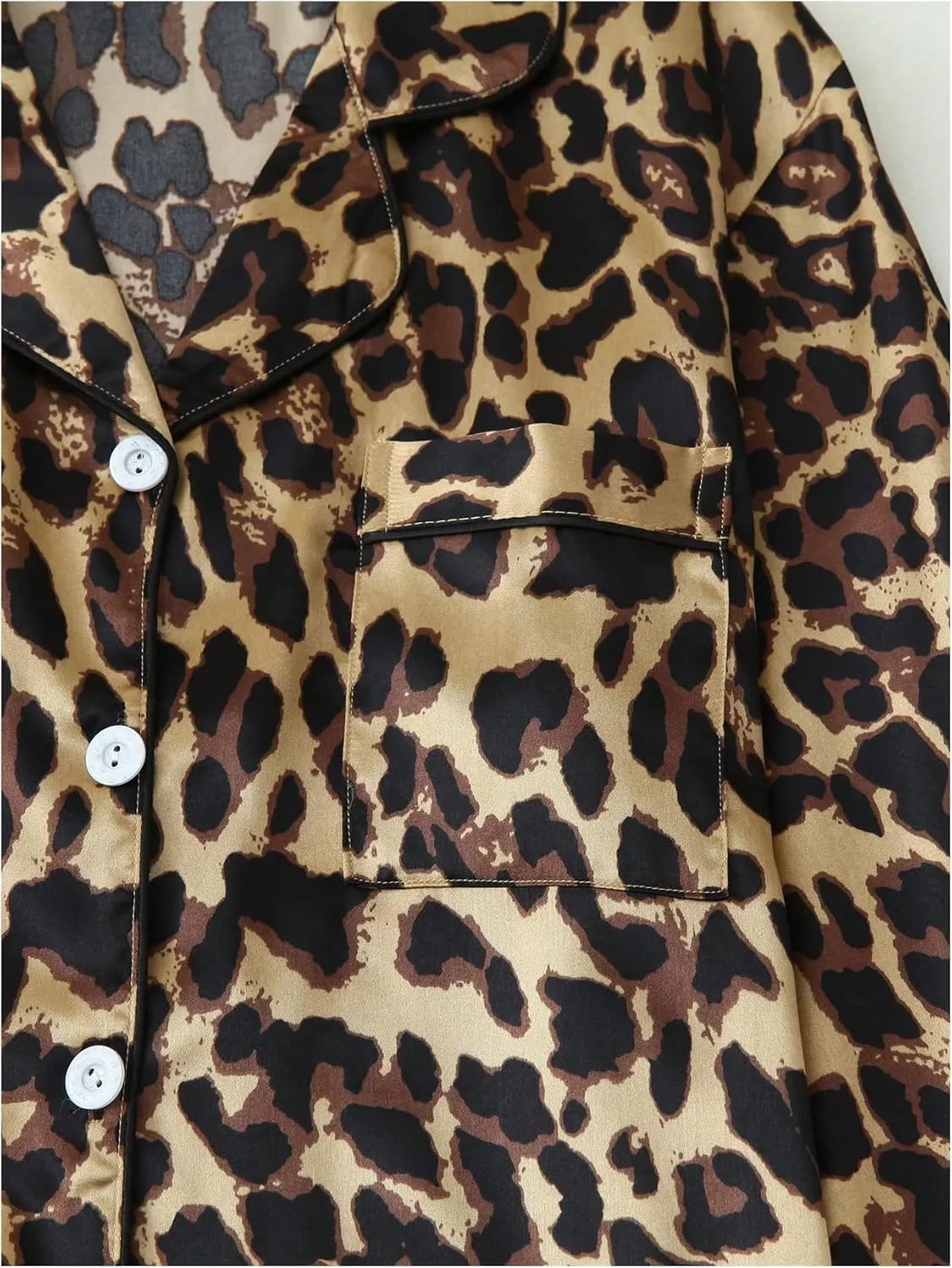 WDIRARA Women's 2 Piece Silk Satin Leopard Print Pajama Set Long Sleeve Button Down Sleepwear Pants Loungewear
