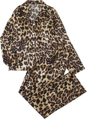 WDIRARA Women's 2 Piece Silk Satin Leopard Print Pajama Set Long Sleeve Button Down Sleepwear Pants Loungewear