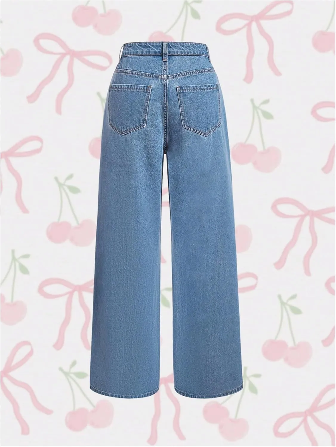 WDIRARA Women's Cherry Embroidered Y2k Denim Pants Straight Leg High Waist Jeans with Pockets