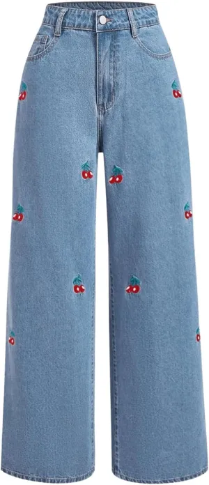 WDIRARA Women's Cherry Embroidered Y2k Denim Pants Straight Leg High Waist Jeans with Pockets