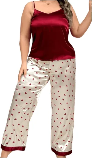 WDIRARA Women's Plus Size 2 Piece Satin Pajama Set Heart Print Cami Top and Pants Sleepwear Lounge Sets