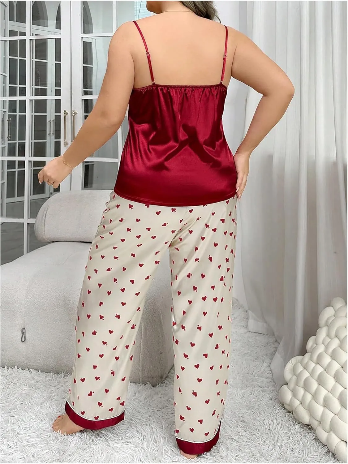 WDIRARA Women's Plus Size 2 Piece Satin Pajama Set Heart Print Cami Top and Pants Sleepwear Lounge Sets