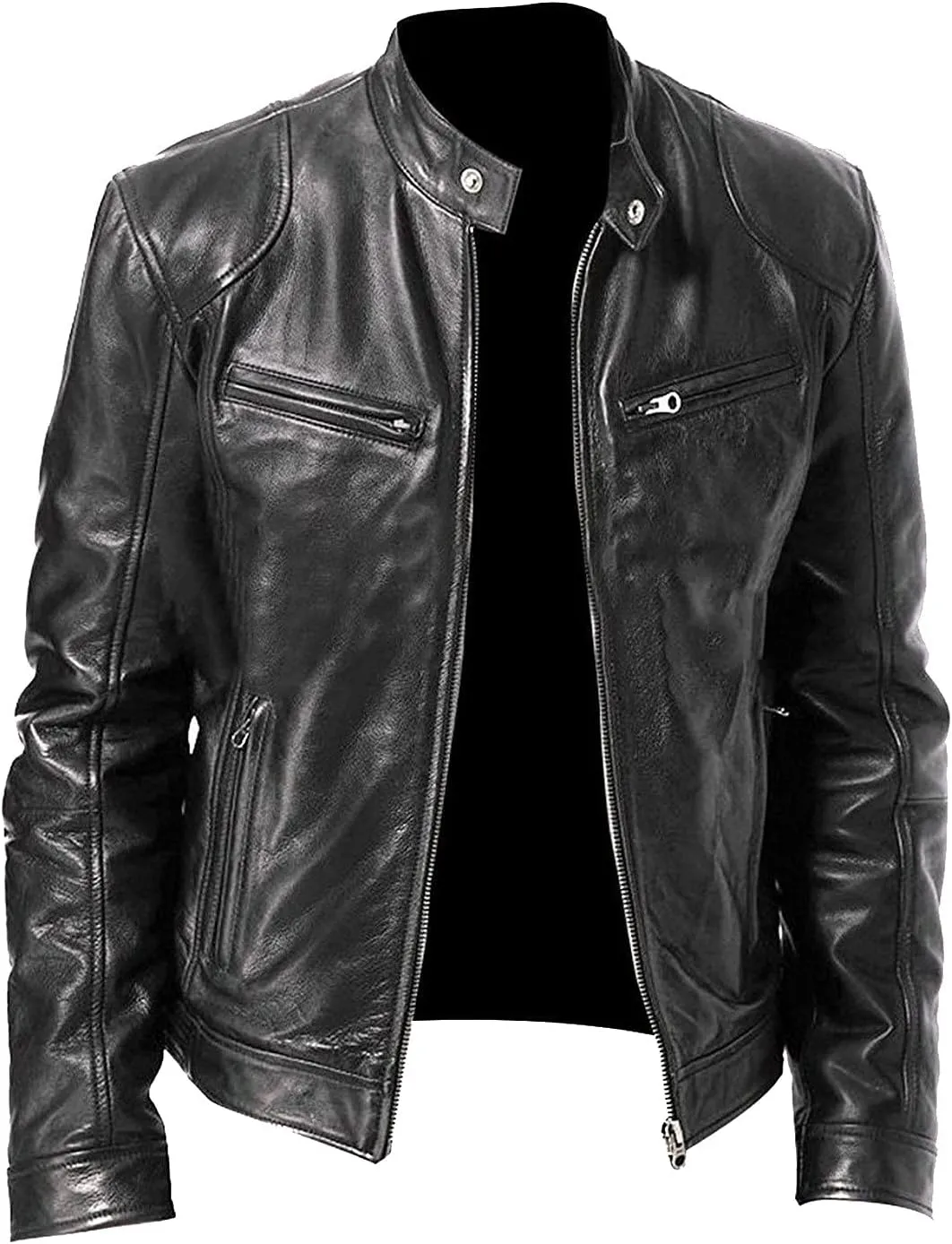 WENKOMG1 Men Faux Leather Jacket, Fall/Winter Thickening Coat Long Sleeve Zip Up Outwear Sports Basic Parka with Pocket