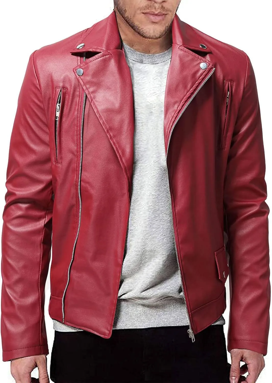 WENKOMG1 Men Faux Leather Jacket, Fall/Winter Thickening Coat Long Sleeve Zip Up Outwear Sports Basic Parka with Pocket
