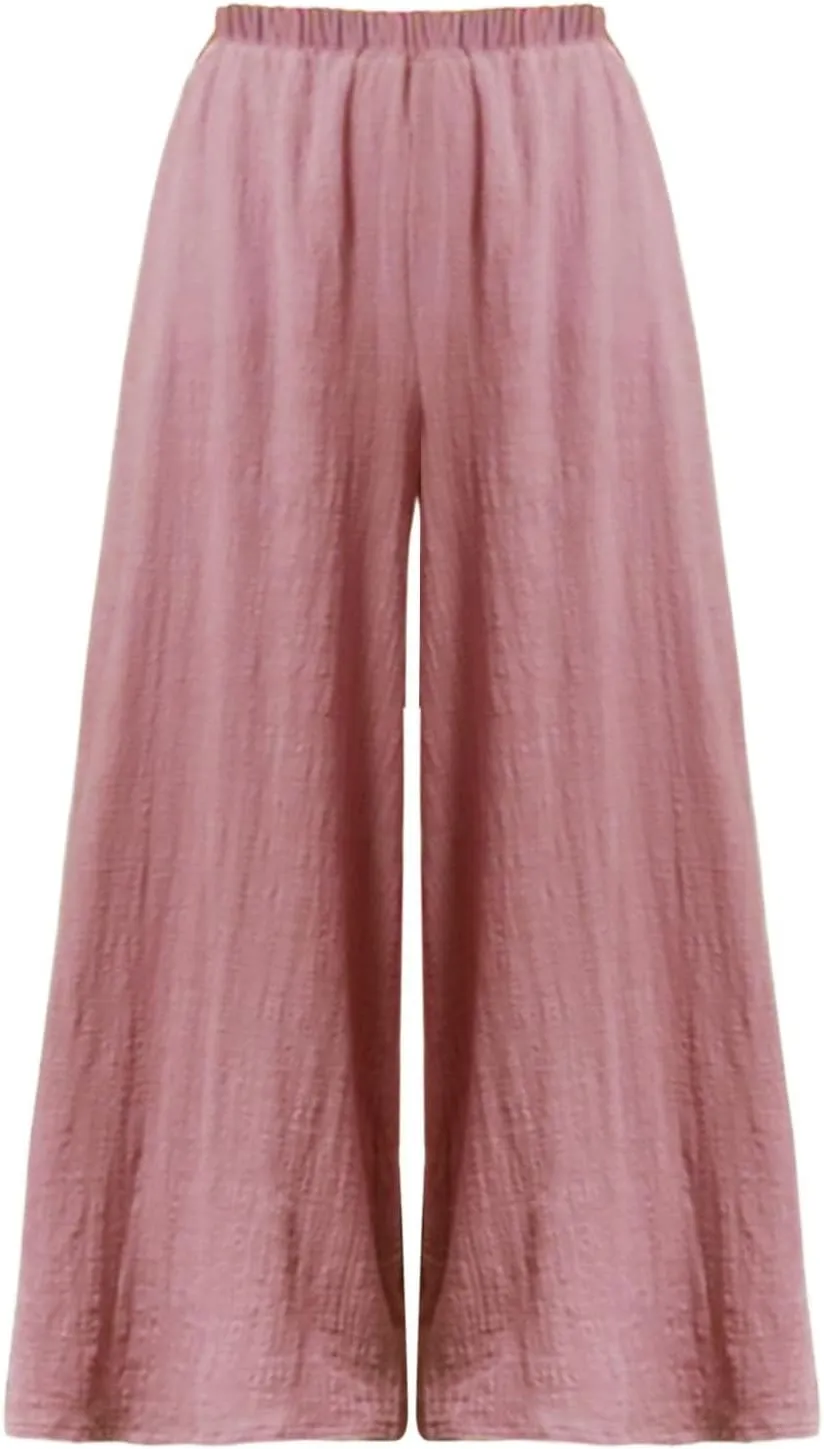 Wide Leg Pants for Women Elastic High Waist Solid Color Palazzo Pants Casual Baggy Flowy Plus Size Trousers