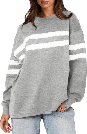 WIHOLL Womens Oversized Sweatshirts Casual Crewneck Long Sleeve Tops Comfy Striped Shirts Fall Fashion Pullover 2024