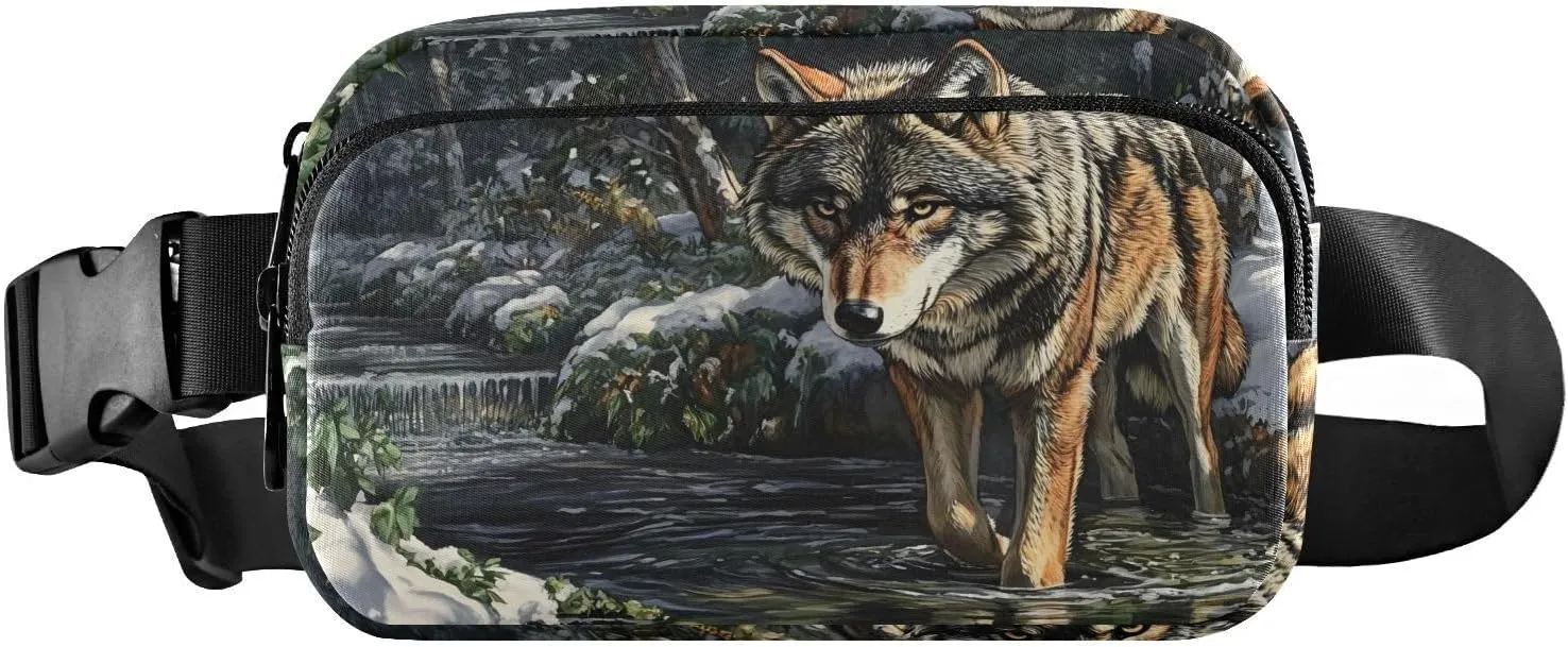 Winter Wolf Fanny Pack Water Resistant, Women Men Waist Pack Sling Bag Purse for Travel Hiking