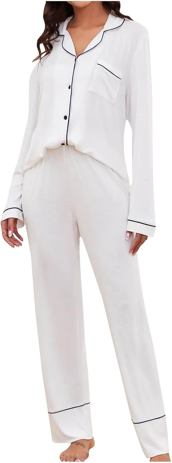 Women 2 Piece Pajamas Sets Long Sleeve Button Tops Sleepwear and Long Pants Outfits Casual Pajama Loungewear Set