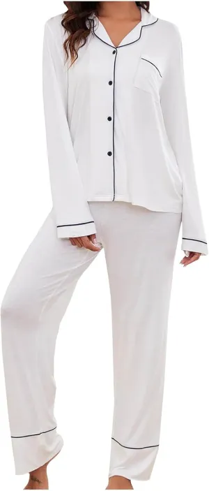Women 2 Piece Pajamas Sets Long Sleeve Button Tops Sleepwear and Long Pants Outfits Casual Pajama Loungewear Set