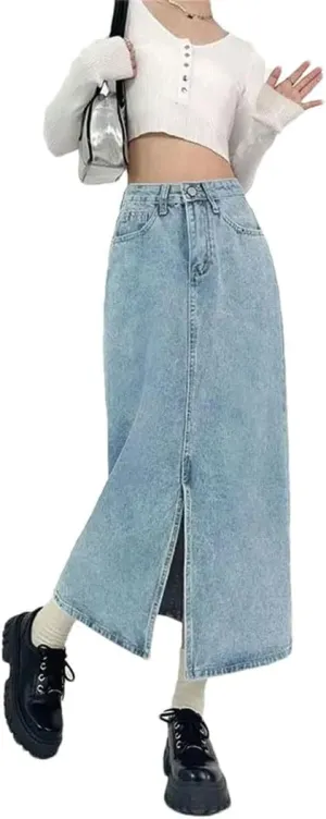 Women A-Line Denim Skirt High-Waisted Jeans Skirt Vintage Clothing
