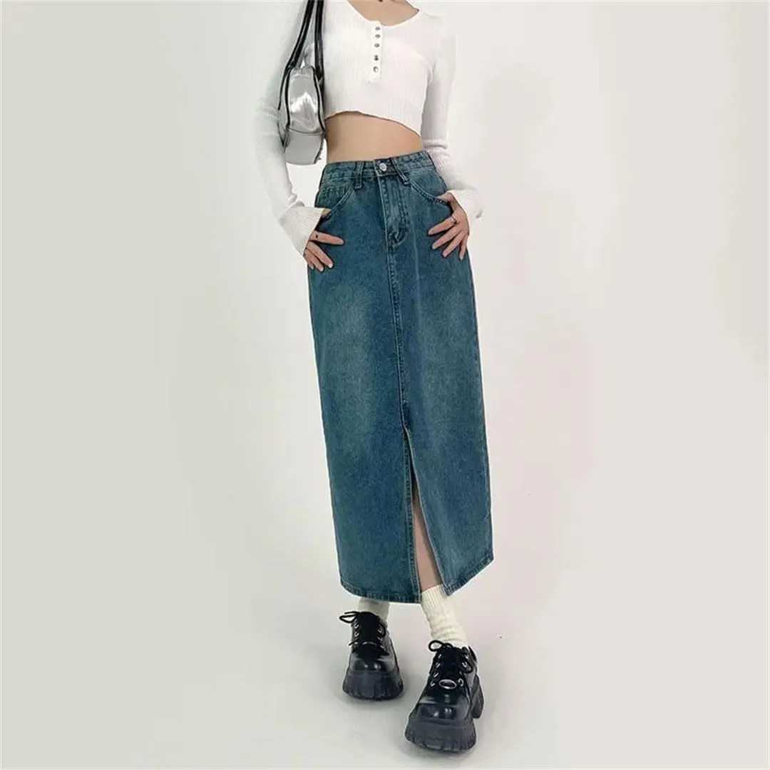Women A-Line Denim Skirt High-Waisted Jeans Skirt Vintage Clothing