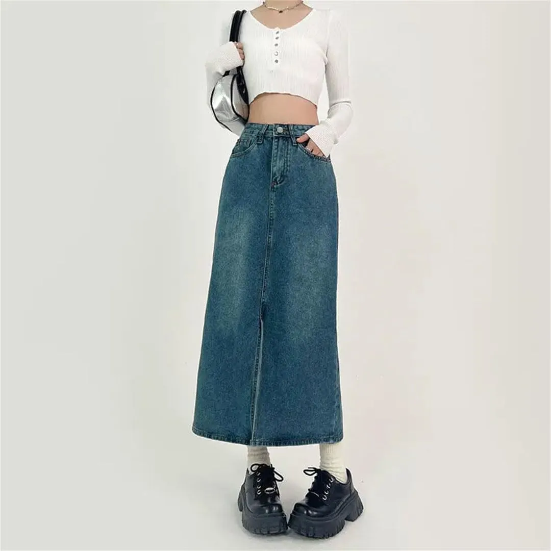 Women A-Line Denim Skirt High-Waisted Jeans Skirt Vintage Clothing