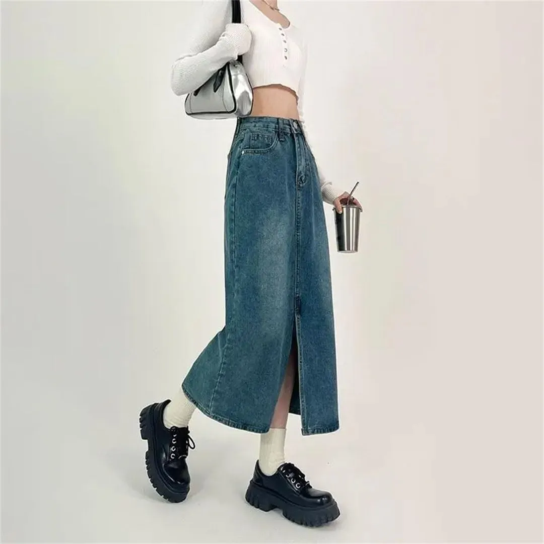 Women A-Line Denim Skirt High-Waisted Jeans Skirt Vintage Clothing