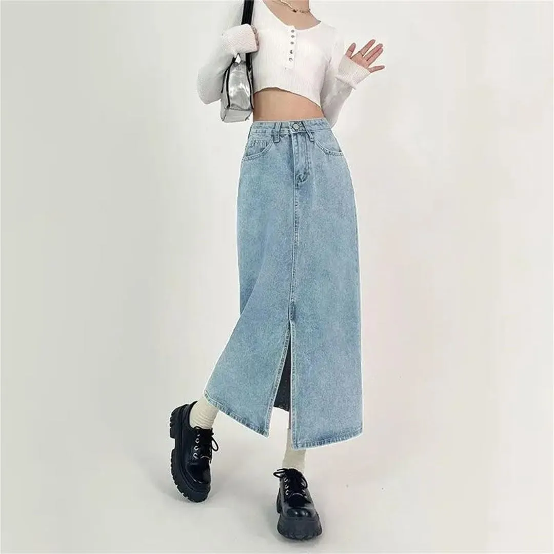 Women A-Line Denim Skirt High-Waisted Jeans Skirt Vintage Clothing