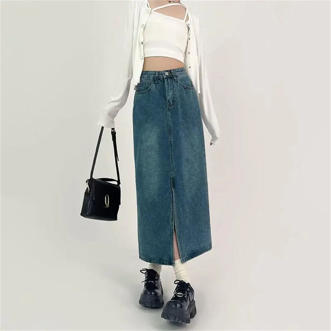 Women A-Line Denim Skirt High-Waisted Jeans Skirt Vintage Clothing