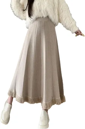 Women A-Line Knit Skirt Elastic High Waist Tassel Skirt Solid Color Midi Pleated Swing Skirts Weekend Skirts