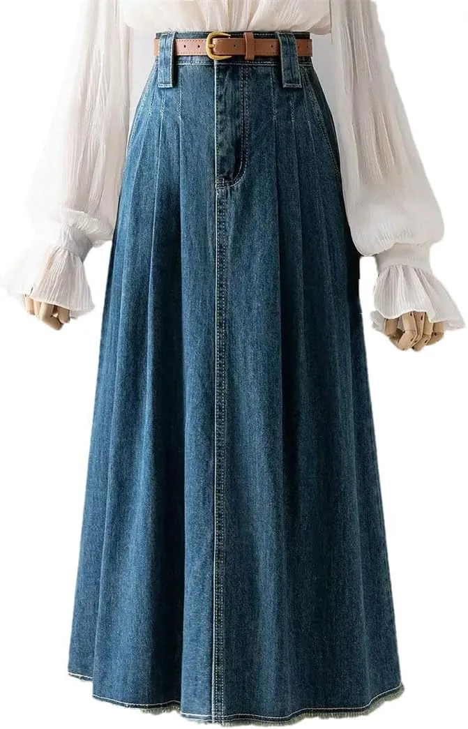 Women Belt Pleated Jeans Skirts High Waist Long Washing Denim Loose Denim Midi Skirts