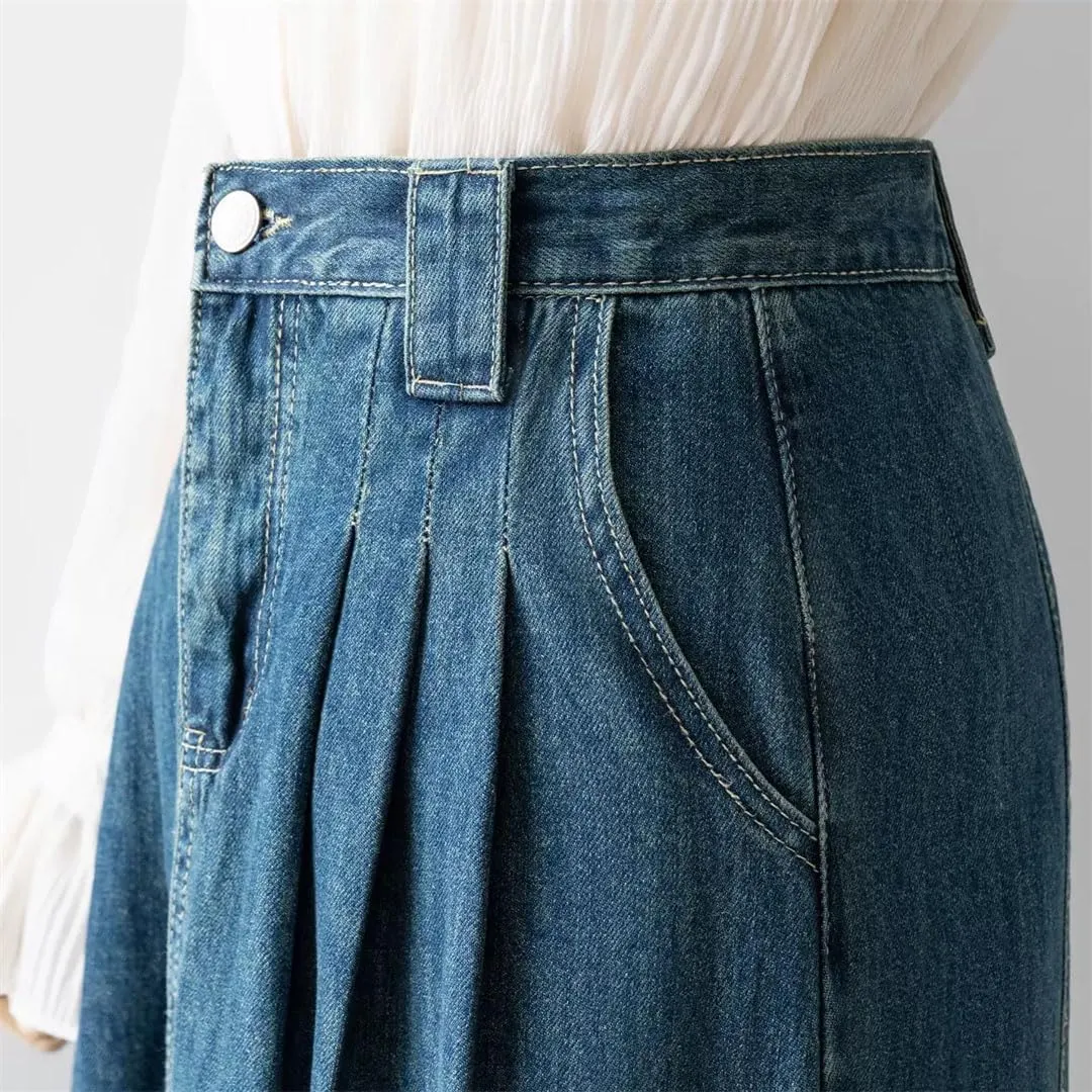 Women Belt Pleated Jeans Skirts High Waist Long Washing Denim Loose Denim Midi Skirts