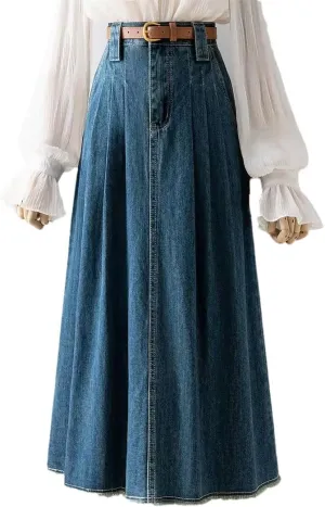 Women Belt Pleated Jeans Skirts High Waist Long Washing Denim Loose Denim Midi Skirts