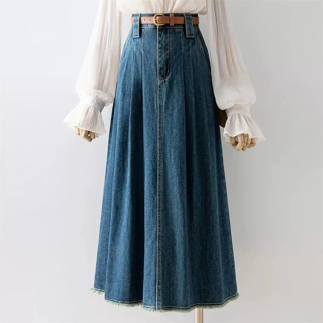 Women Belt Pleated Jeans Skirts High Waist Long Washing Denim Loose Denim Midi Skirts