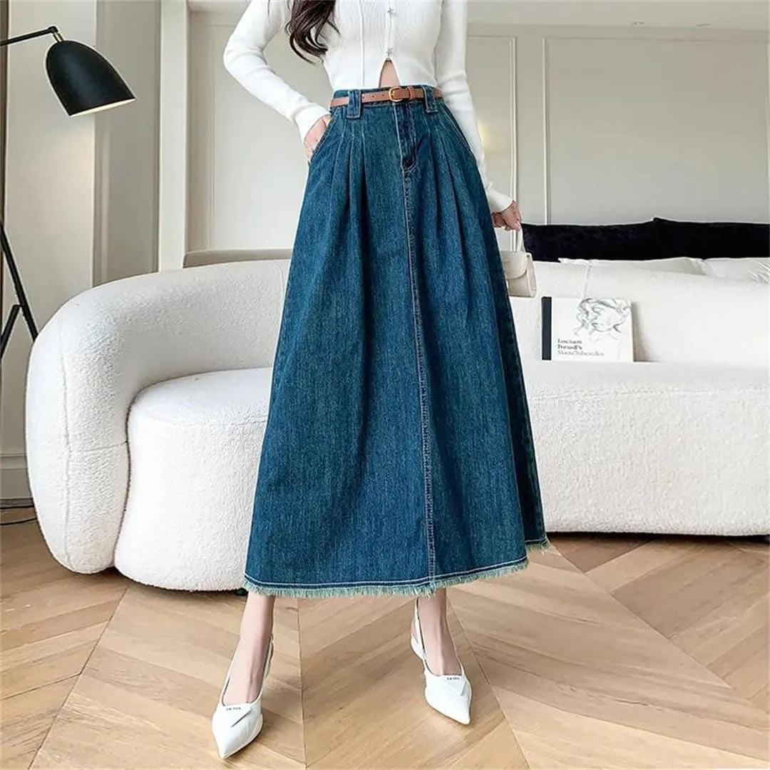 Women Belt Pleated Jeans Skirts High Waist Long Washing Denim Loose Denim Midi Skirts