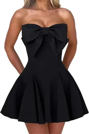 Women Bow Strapless Backless Sexy Mini Robe Solid Off-Shoulder Sleeveless A-Line Club Dress
