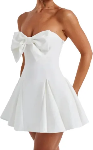 Women Bow Strapless Backless Sexy Mini Robe Solid Off-Shoulder Sleeveless A-Line Club Dress