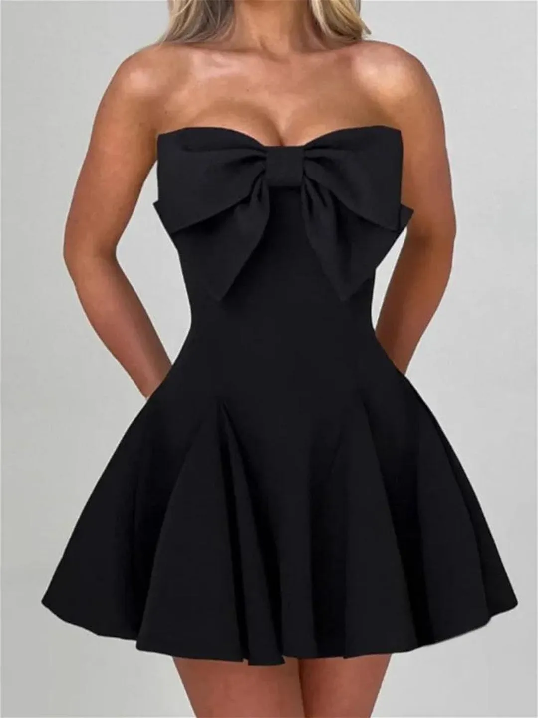 Women Bow Strapless Backless Sexy Mini Robe Solid Off-Shoulder Sleeveless A-Line Club Dress