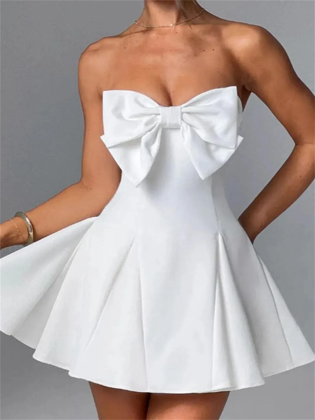 Women Bow Strapless Backless Sexy Mini Robe Solid Off-Shoulder Sleeveless A-Line Club Dress