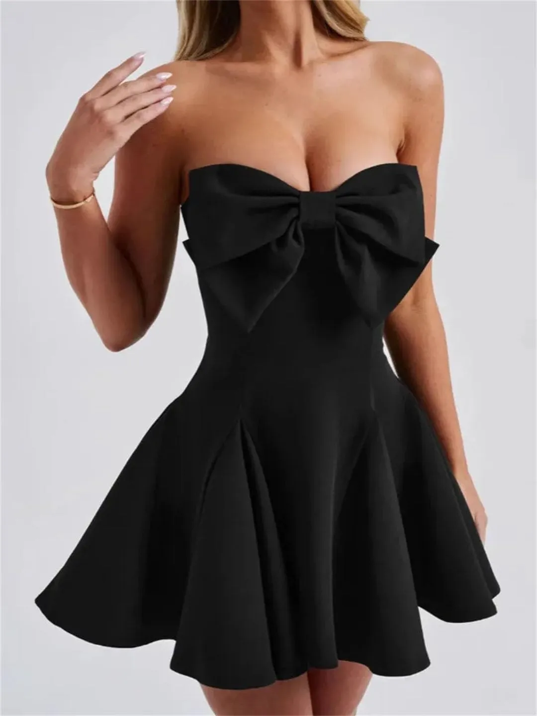 Women Bow Strapless Backless Sexy Mini Robe Solid Off-Shoulder Sleeveless A-Line Club Dress