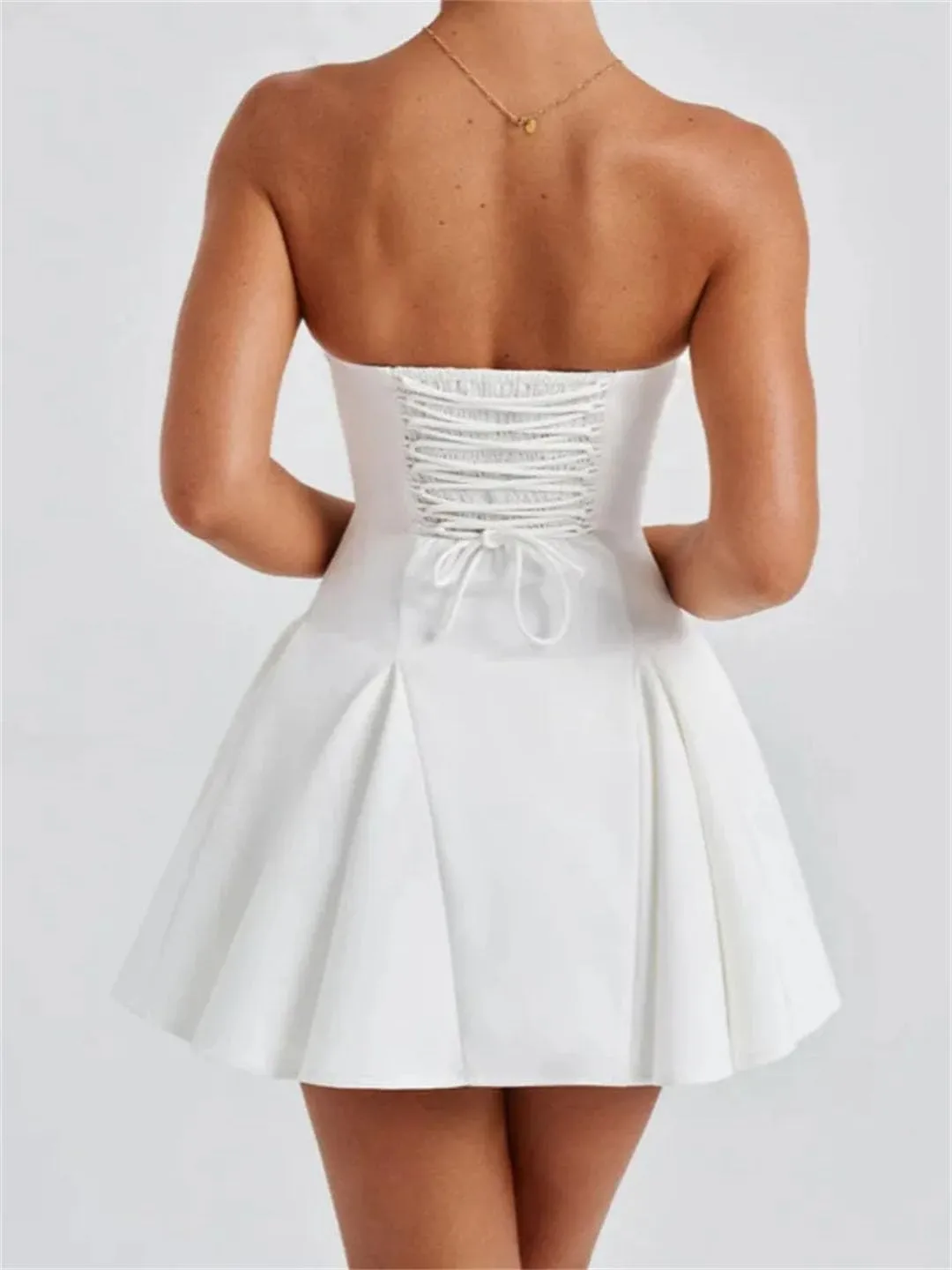 Women Bow Strapless Backless Sexy Mini Robe Solid Off-Shoulder Sleeveless A-Line Club Dress