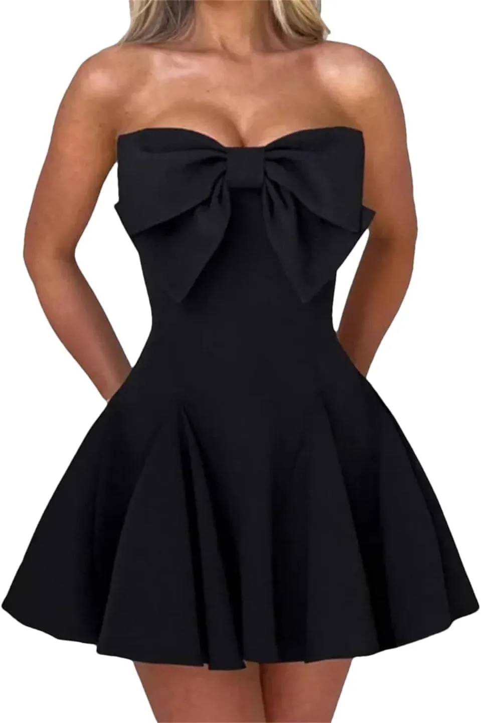 Women Bow Strapless Backless Sexy Mini Robe Solid Off-Shoulder Sleeveless A-Line Club Dress