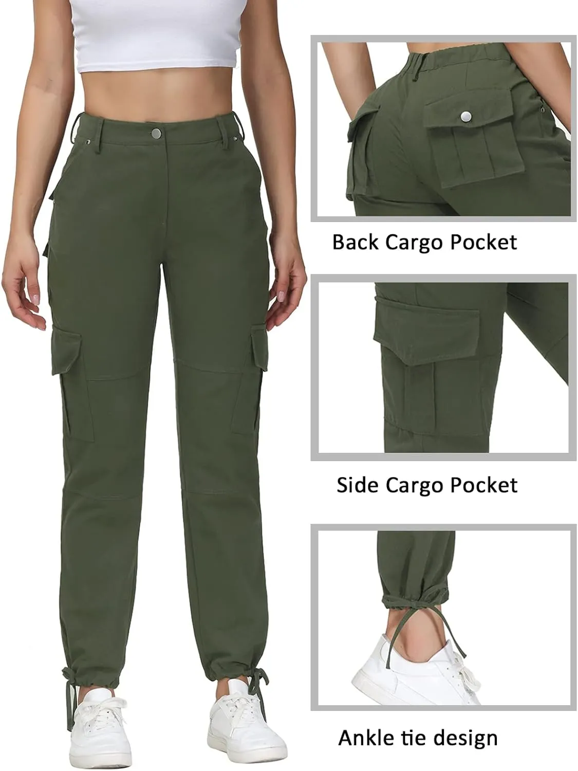 Women Cargo Pants High Waisted Casual Hiking Joggers Pants Adjustable Waist Cargos with 6 Pockets