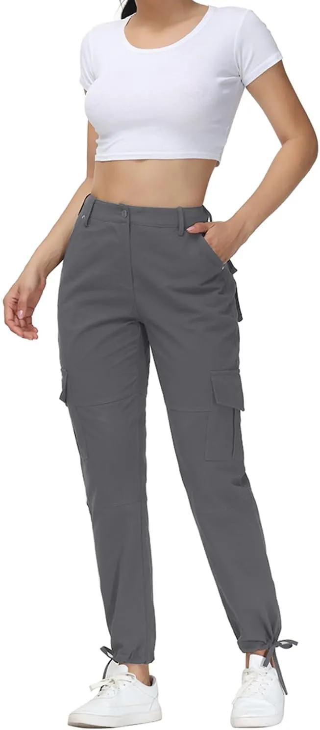 Women Cargo Pants High Waisted Casual Hiking Joggers Pants Adjustable Waist Cargos with 6 Pockets